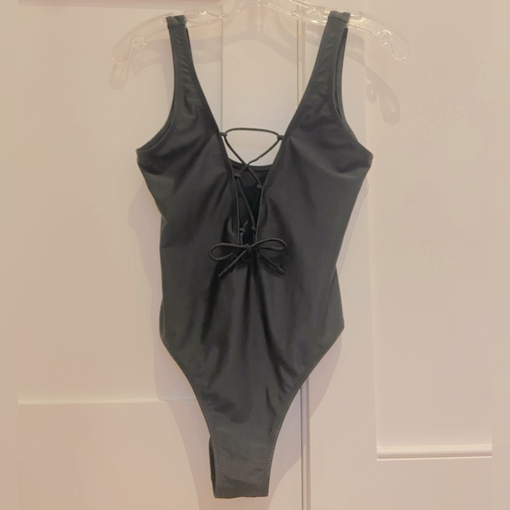Black Lace Up One Piece Swimsuit
